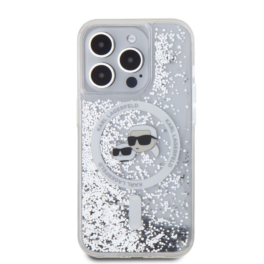 Karl Lagerfeld Liquid Glitter Karl and Choupette Heads MagSafe Zadní Kryt pro iPhone 15 Pro Transparent - náhled 2