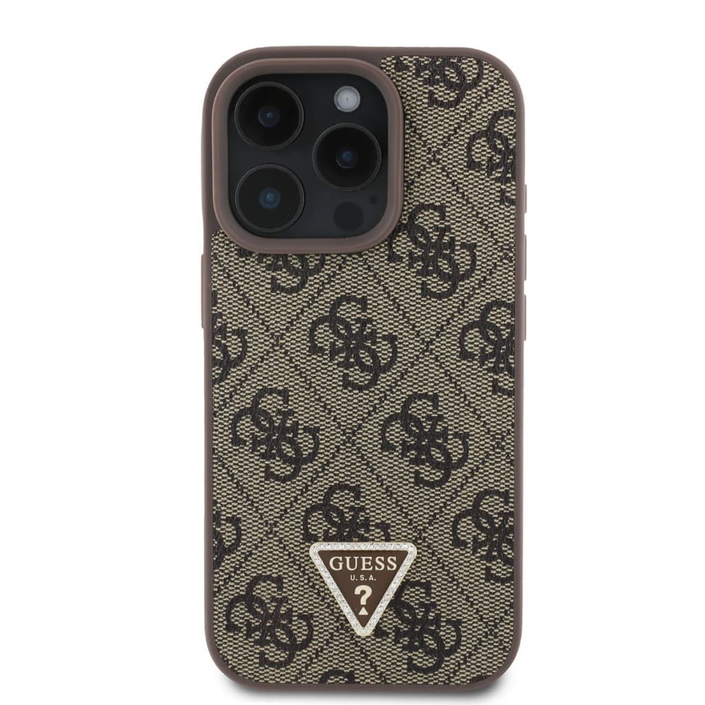Originální zadní kryt Guess PU 4G Strass Triangle Metal Logo pro iPhone 16 Pro Max Brown - náhled 2