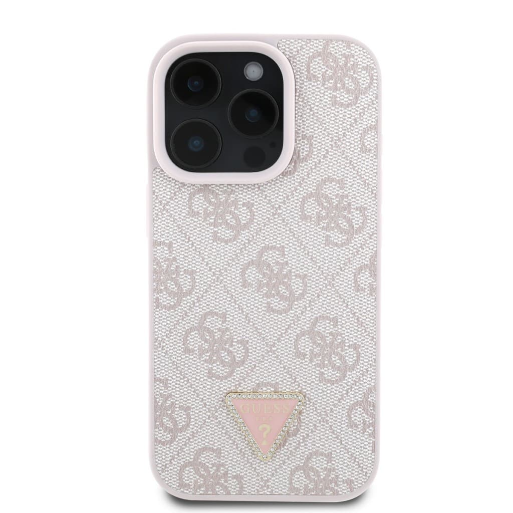 Originální zadní kryt Guess PU 4G Strass Triangle Metal Logo pro iPhone 16 Pro Pink - náhled 2