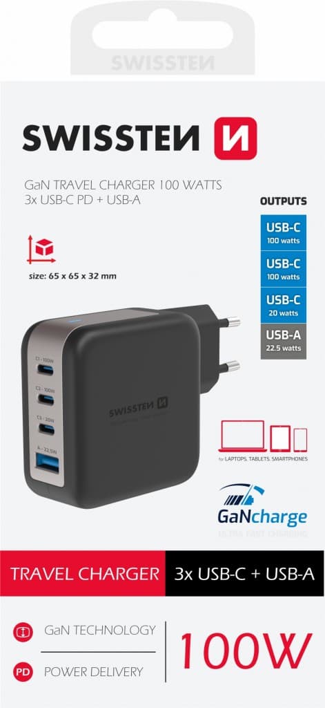 Adaptér Swissten Gan 3x USB-C 100W PD + 1x USB-A 18W QC černý - náhled 2
