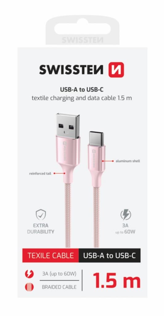 Datový kabel Swissten Textile II USB-A - USB-C 1,5 m růžový - náhled 2
