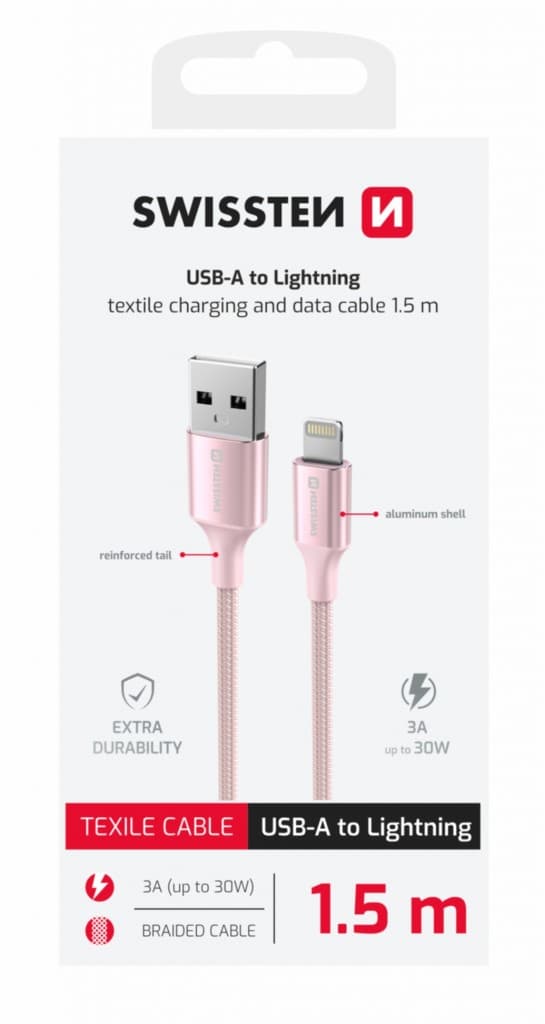 Datový kabel Swissten Textile II USB-A - lightning 1,5 m růžový - náhled 2