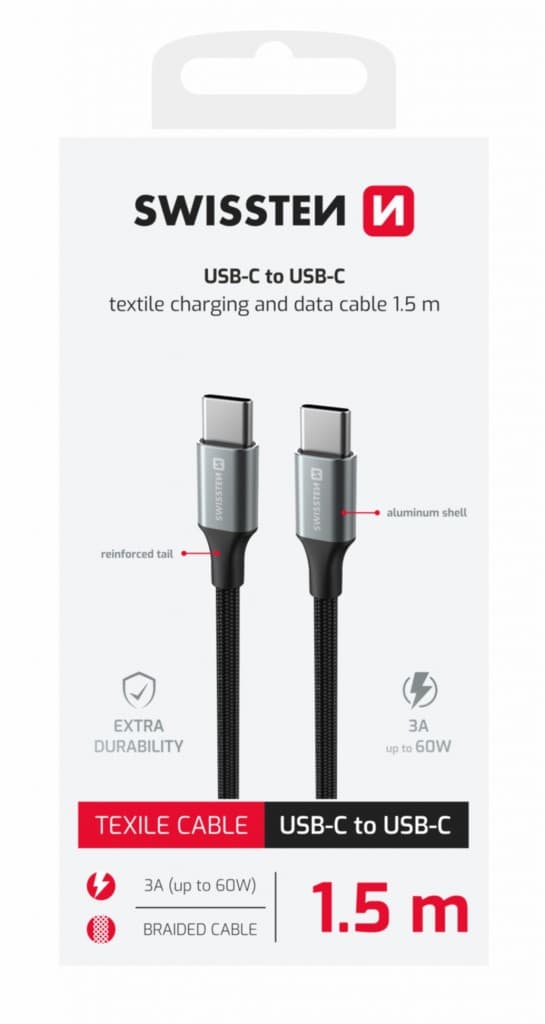 Datový kabel Swissten Textile II USB-C - USB-C 1,5 m černý - náhled 2
