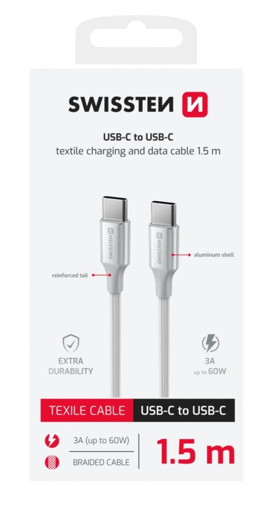 Datový kabel Swissten Textile II USB-C - USB-C 1,5 m bílý - náhled 2