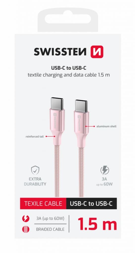 Datový kabel Swissten Textile II USB-C - USB-C 1,5 m růžový - náhled 2