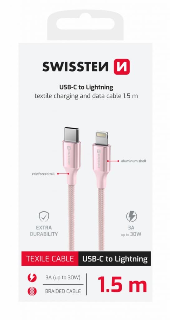 Datový kabel Swissten Textile II USB-C - Lightning 1,5 m růžový - náhled 2