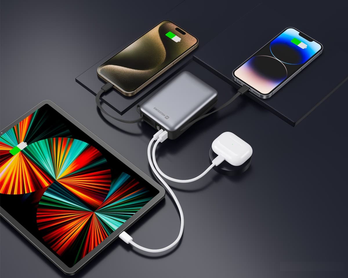 Powerbank Swissten 20000 mAh s integrovanými kabely USB-C a Lightning vesmírně stříbrná - náhled 2