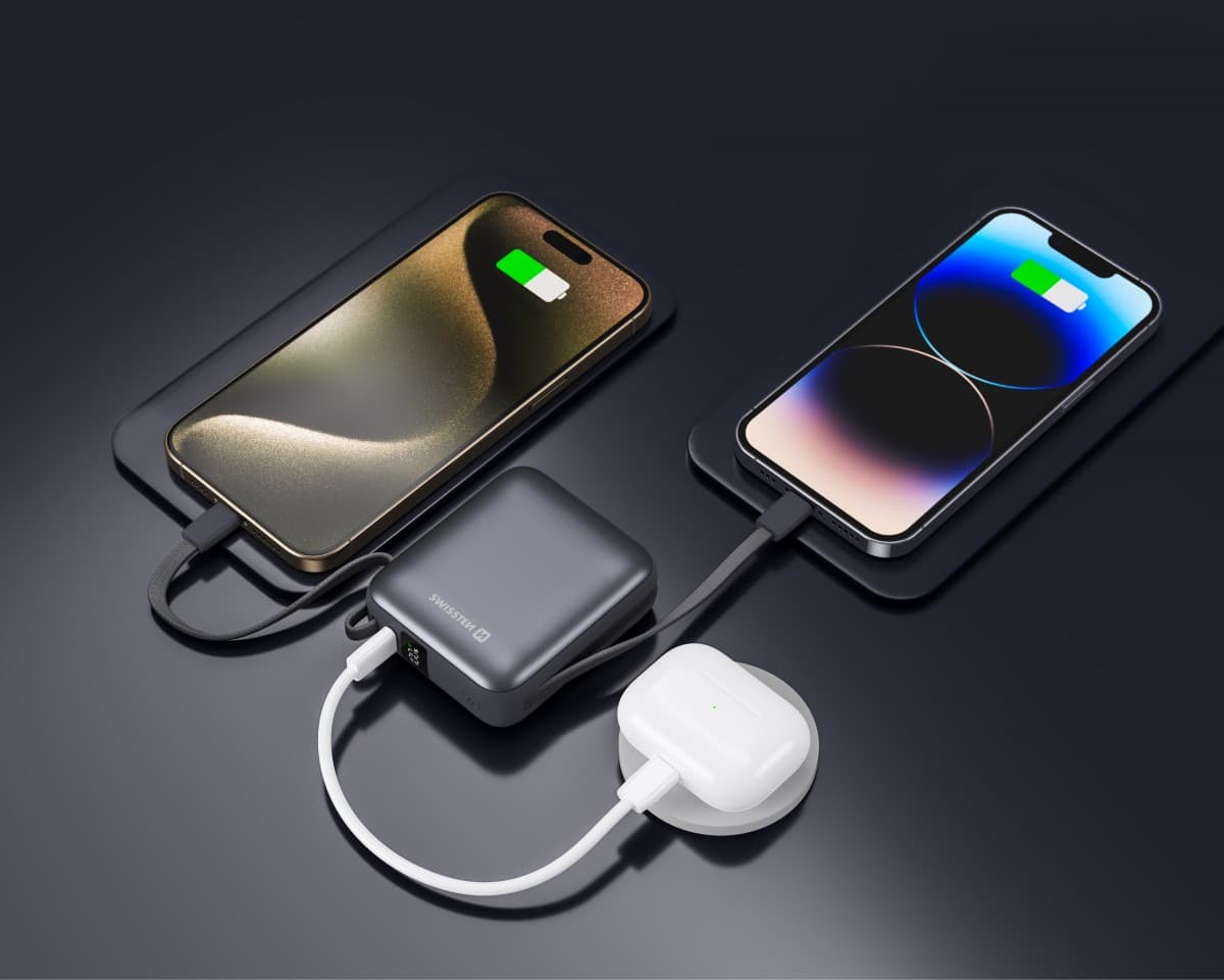 Powerbank Swissten 10000 mAh s integrovanými kabely USB-C a Lightning vesmírně stříbrná - náhled 2