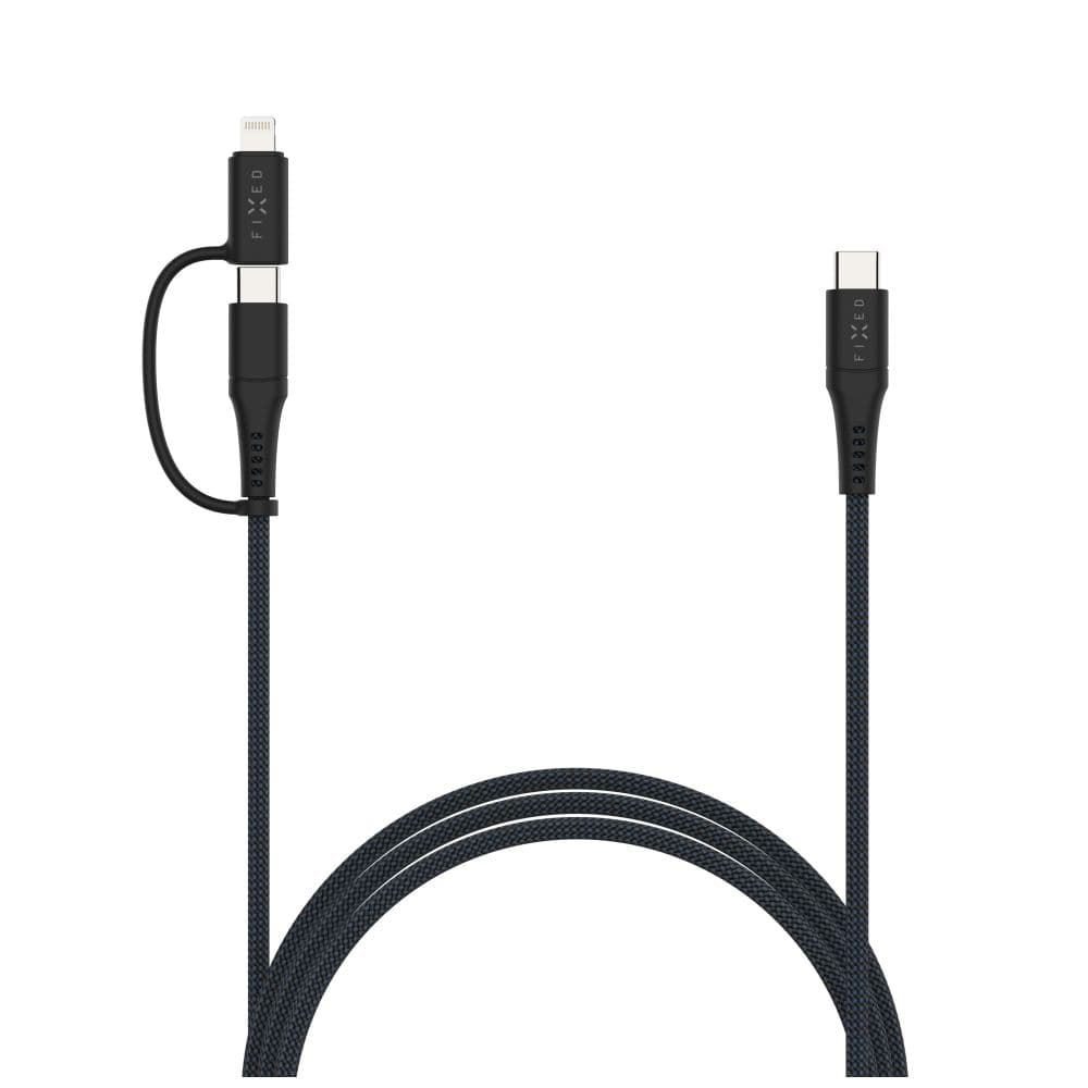 Dlouhý nabíjecí a datový opletený kabel FIXED s konektory USB-C-USB-C a Lightning adaptérem, PD, 2m, MFi, PD 60W, šedý - náhled 2