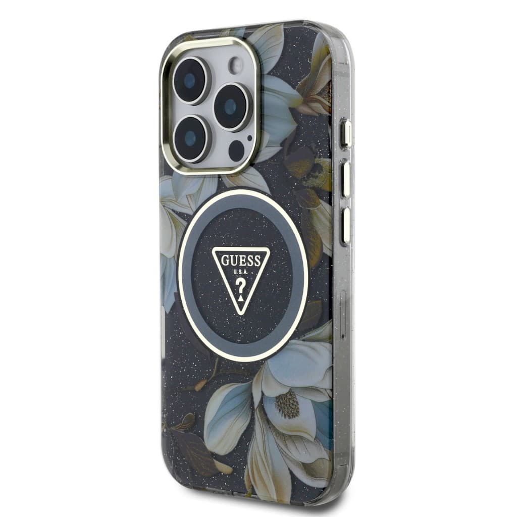 Zadní kryt Guess IML Glitter Magnolia and Triangle Logo MagSafe pro iPhone 16 Pro Max Black - náhled 2