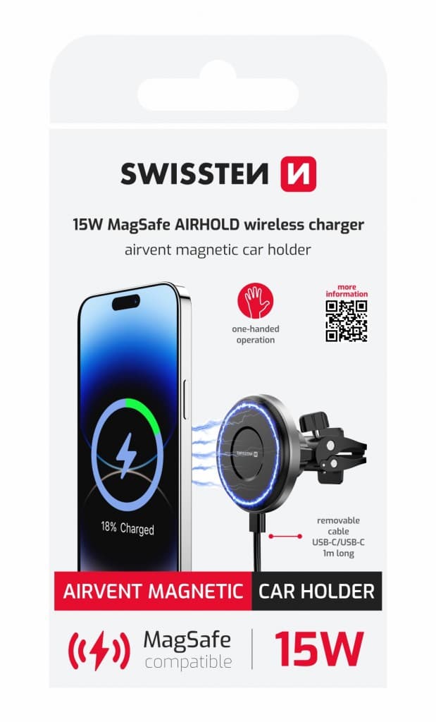 Magnetický držák do auta Swissten Airhold do ventilace s bezdrátovým nabíjením 15W-7,5W (kompatibilní s magsafe) - náhled 2