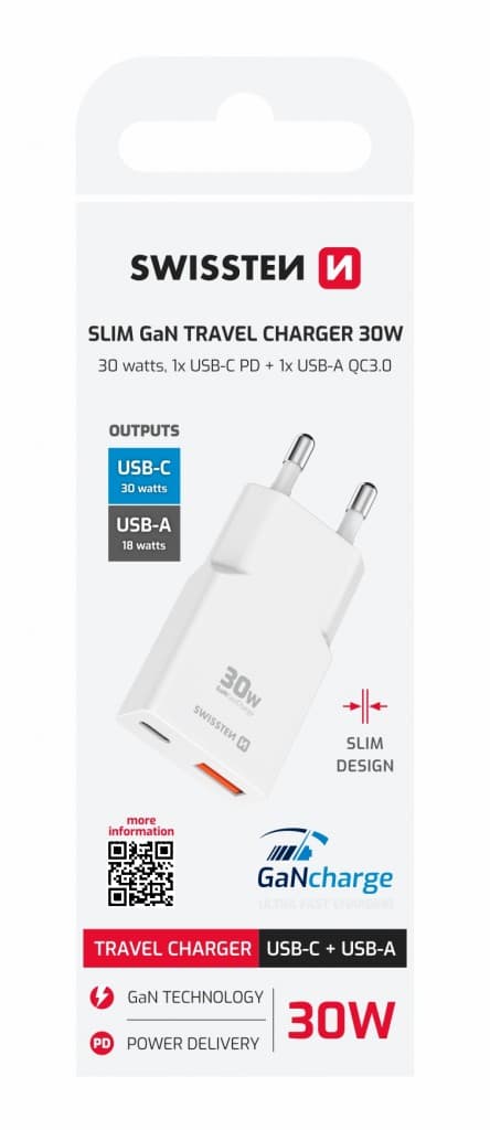 Adaptér Swissten GAN USB-C + USB-A 30W tenký bílý - náhled 2
