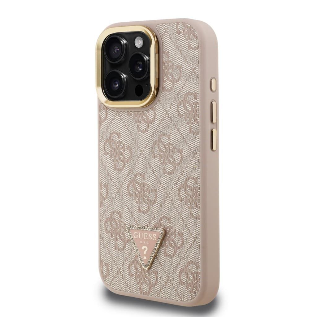 Zadní kryt Guess PU 4G Strass Triangle Logo Stand Camera Frame MagSafe pro iPhone 15 Pro Max Pink - náhled 2