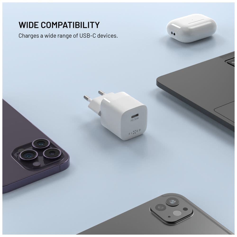Set síťové GaN nabíječky FIXED Mini s USB-C výstupem a USB-C/USB-C kabelu, podpora PD, 1,2 metr, 30W, bílý - náhled 2