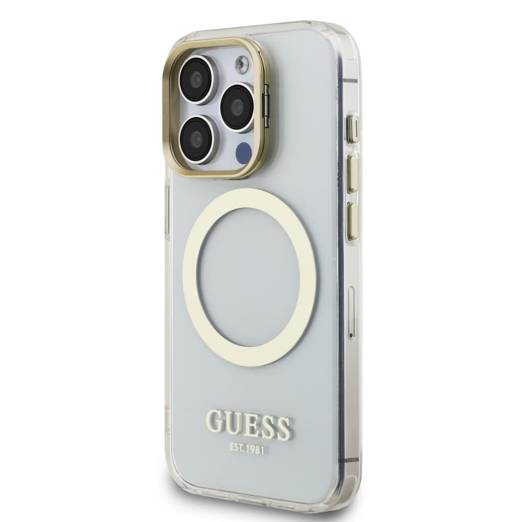 Zadní kryt Guess IML Gold Outline Stand Camera Frame MagSafe pro iPhone 15 Pro Transparent - náhled 2