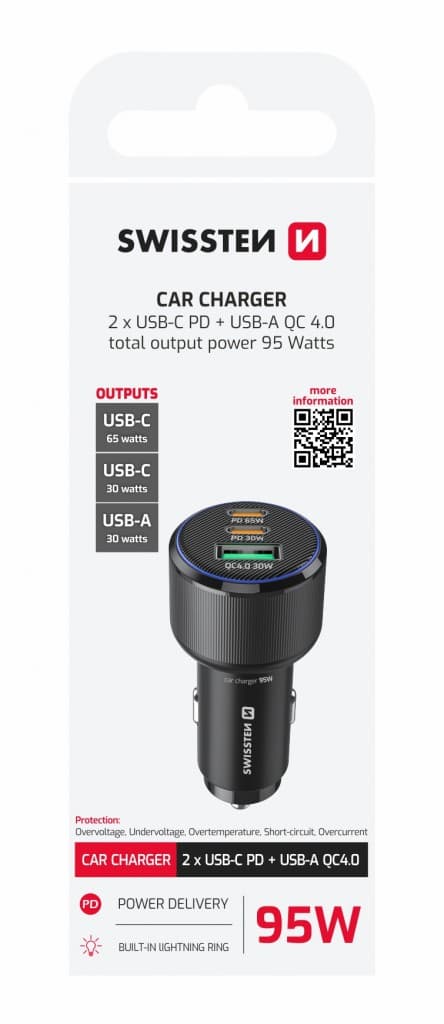 Adaptér do auta Swissten s funkcí rychlonabíjení 2USB-A, 2x USB-C PD 95W černý - náhled 2