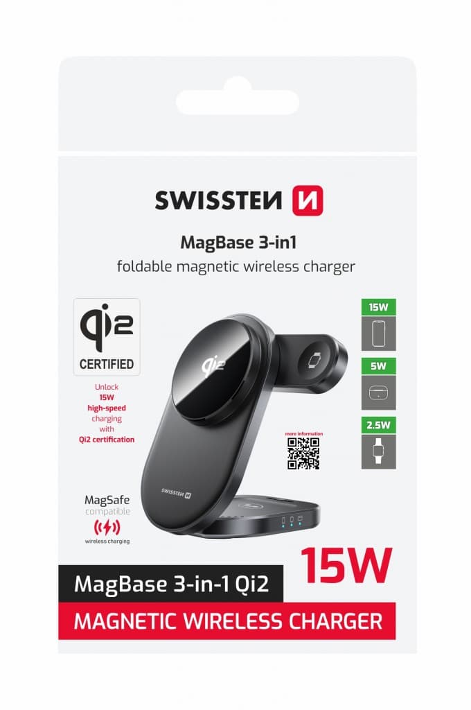 Skládací bezdrátová nabíječka Swissten QI2 Magbase 3v1 černá (kompatibilní s magsafe) - náhled 2