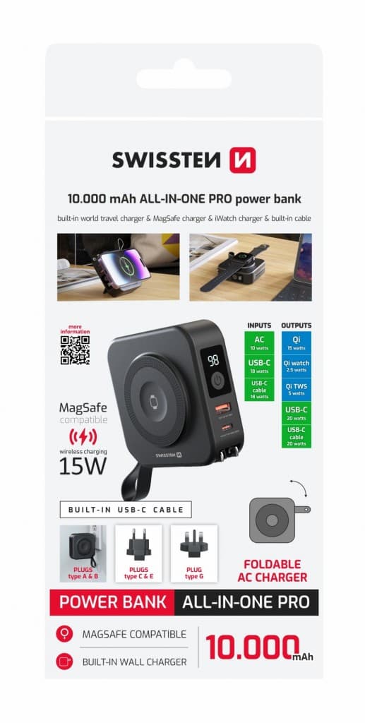 Powerbank Swissten all-in-one Pro s vyměnitelnými vidlicemi (usa, eu, uk) 10000 mAh 20W černá - náhled 2