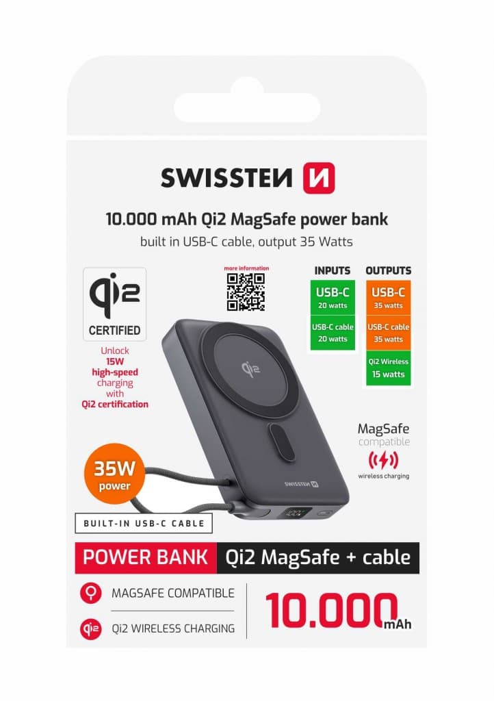 Powerbank Swissten Magsafe QI2 15W, 10000 mAh s integrovaným kabelem USB-C černá - náhled 2