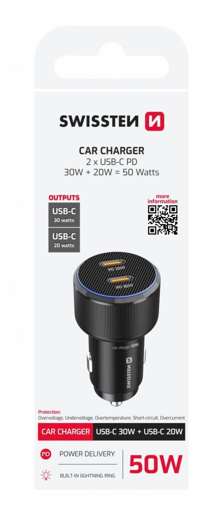 Adaptér do auta Swissten s funkcí rychlonabíjení 2x USB-C PD 50W černý - náhled 2