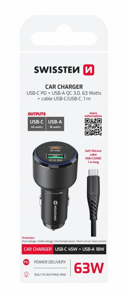 Rychlonabíječka do auta Swissten USB-A, USB-C PD 63W  + datový kabel USB-C 1 m černá - náhled 2