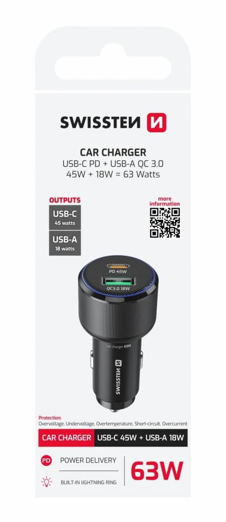 Adaptér do auta Swissten s funkcí rychlonabíjení USB-A, USB-C PD 63W černý - náhled 2