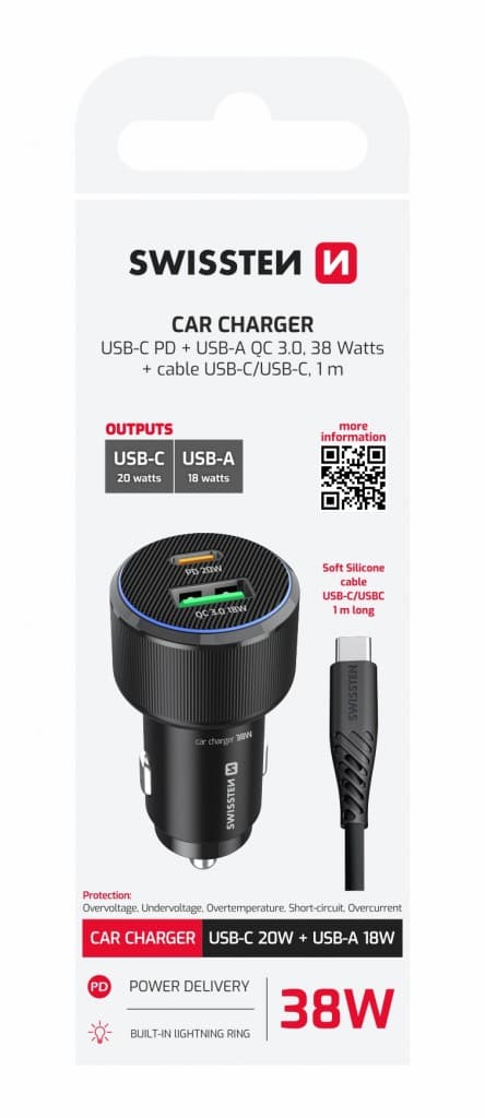 Rychlonabíječka do auta Swissten USB-A, USB-C PD 38W + kabel USB-C 1 m černá - náhled 2
