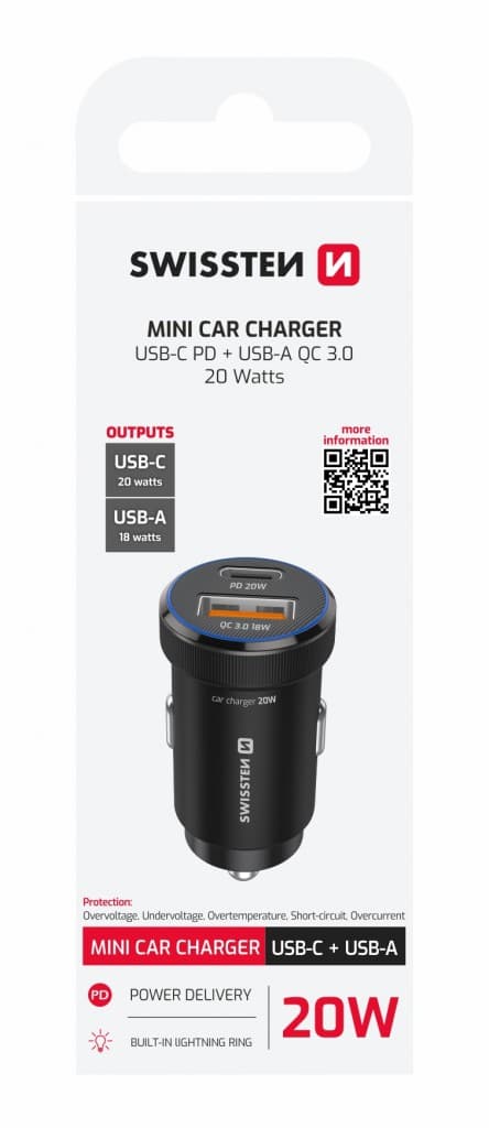 Adaptér do auta Swissten s funkcí rychlonabíjení USB-A,USB-C PD 20W černý - náhled 2