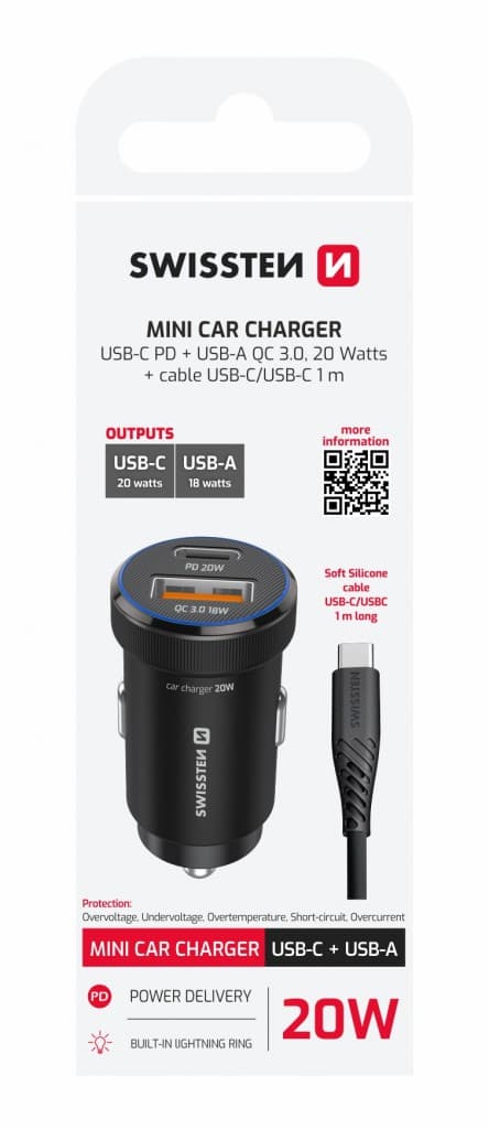 Rychlonabíječka do auta Swissten USB-A,USB-C PD 20W + datový kabel USB-C 1m černá - náhled 2
