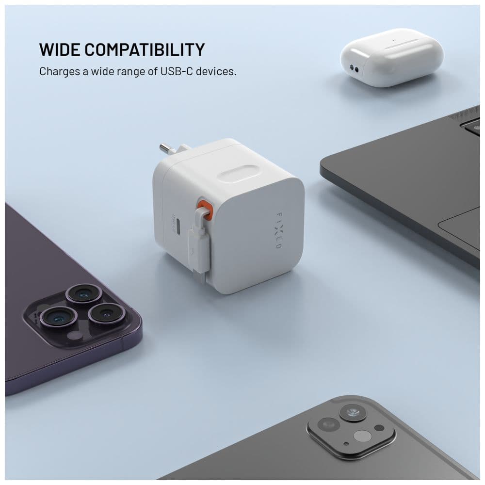 Síťová GaN nabíječka FIXED s 2xUSB-C, podpora PD 3.0, se samonavíjecím kabelem, 65W, bílá - náhled 2