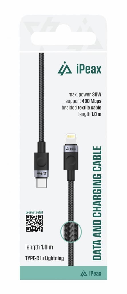 Textilní kabel iPeax USB-C - Lightning 1m, USB 2.0 černý - náhled 2