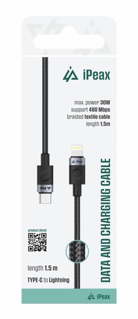 Textilní kabel iPeax USB-C - Lightning 1,5m, USB 2.0 černý - náhled 2