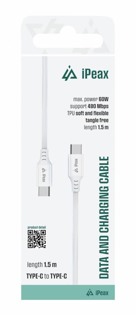 TPU kabel iPeax USB-C - USB-C 1,5m, USB 2.0 bílý - náhled 2