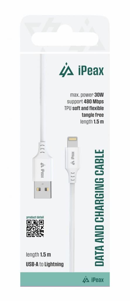 TPU kabel iPeax USB-A - Lightning 1,5m, USB 2.0 bílý - náhled 2