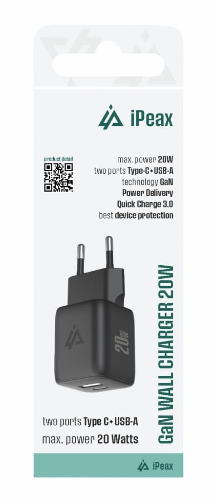 Adaptér iPeax GaN s funkcí rychlonabíjení 20W (USB-C + USB-A) černý - náhled 2