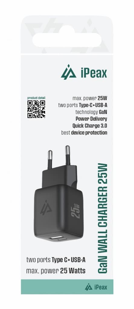Adaptér iPeax GaN s funkcí rychlonabíjení 25W (USB-C + USB-A) černý - náhled 2