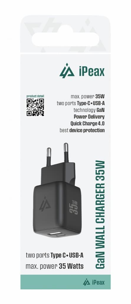 Adaptér iPeax GaN s funkcí rychlonabíjení 35W (USB-C + USB-A) černý - náhled 2