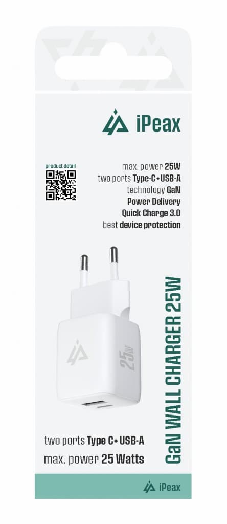 Adaptér iPeax GaN s funkcí rychlonabíjení 25W (USB-C + USB-A) bílý - náhled 2