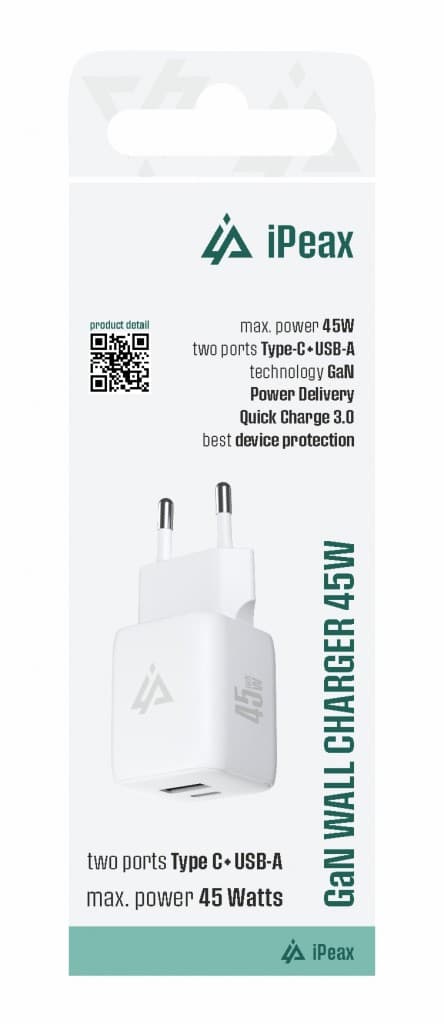 Adaptér iPeax GaN s funkcí rychlonabíjení 45W (USB-C + USB-A) bílý - náhled 2