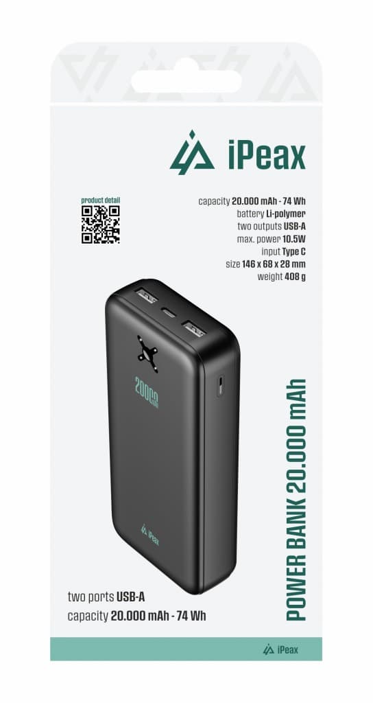 Powerbanka iPeax 20000 mAh, 10,5W, 2x USB-A černá - náhled 2