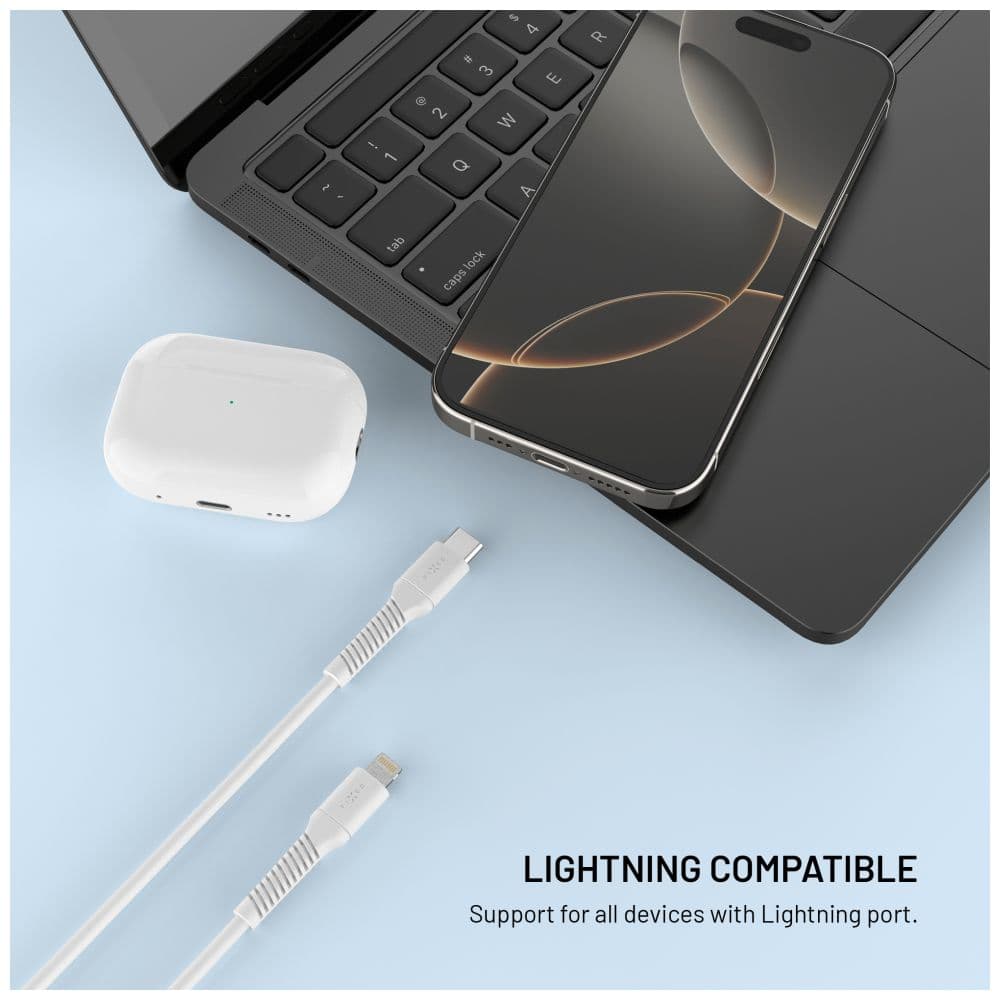 Nabíjecí a datový Liquid silicone kabel FIXED s konektory USB-C/Lightning a podporou PD, 1.2m, USB 2.0, 60W, bílý - náhled 2