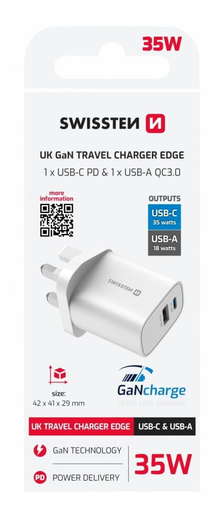 Adaptér Swissten Edge Gan 1x USB-C PD 35W + 1x USB-A 18W QC, pro uk zásuvku bílý - náhled 2
