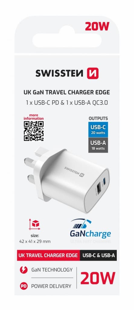 Adaptér Swissten Edge Gan 1x USB-C PD 20W + 1x USB-A 18W QC, pro uk zásuvku bílý - náhled 2