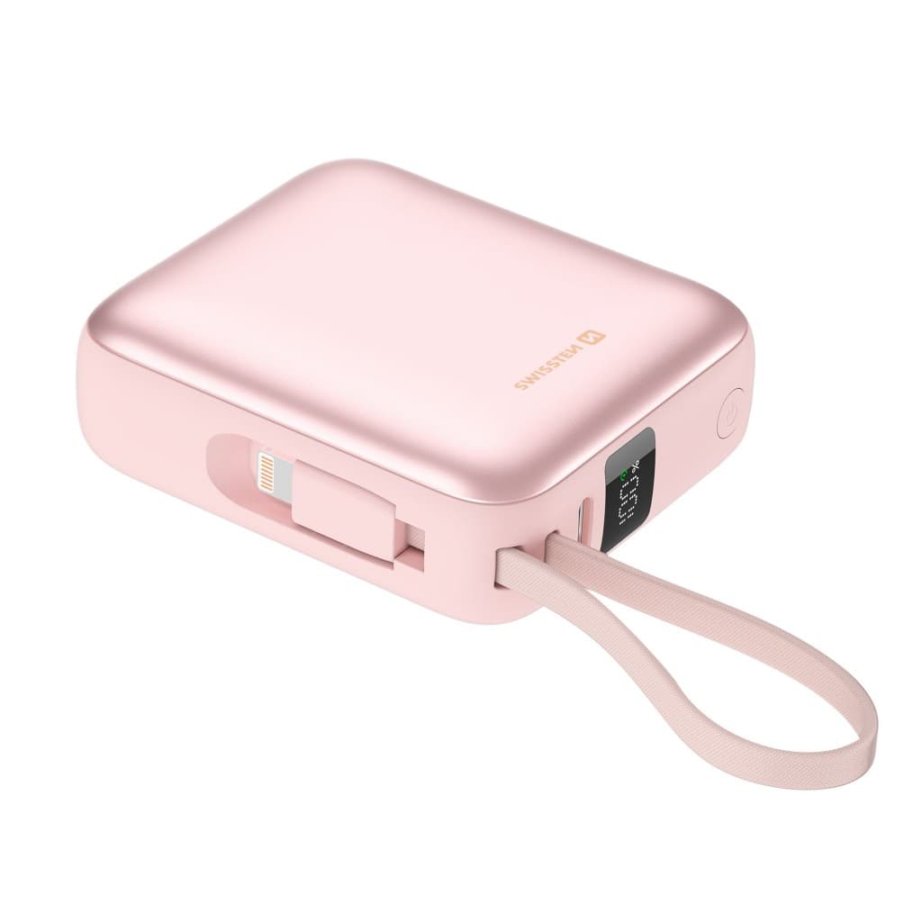 Powerbank Swissten Space 10000 mAh s integrovanými kabely usb-c a lightning růžová - náhled 2