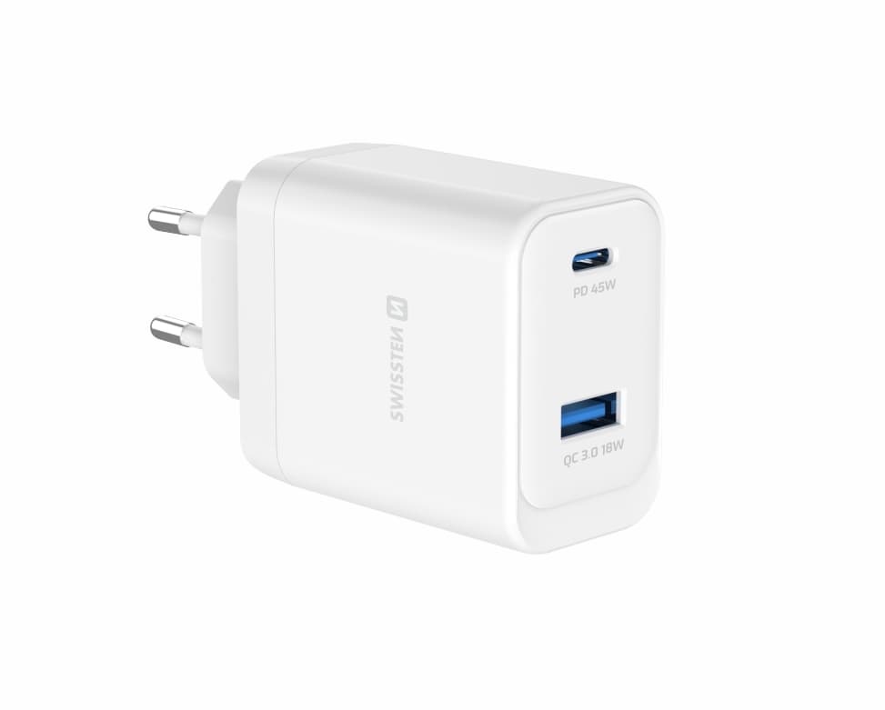 Adaptér Swissten Gan 1x USB-C 45W PD + 1x USB-A 18W QC bílý - náhled 2