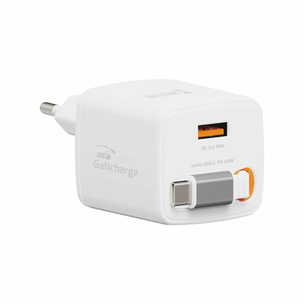 Adaptér Swissten Slidecharge Gan 45W, 1x USB-A 18W se zatahovacím USB-C kabelem 0.75 m bílý - náhled 2