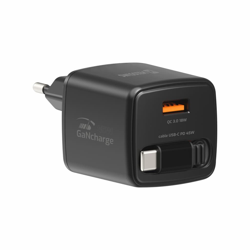 Adaptér Swissten Slidecharge Gan 45W, 1x USB-A 18W se zatahovacím usb-c kabelem 0.75 m černý - náhled 2