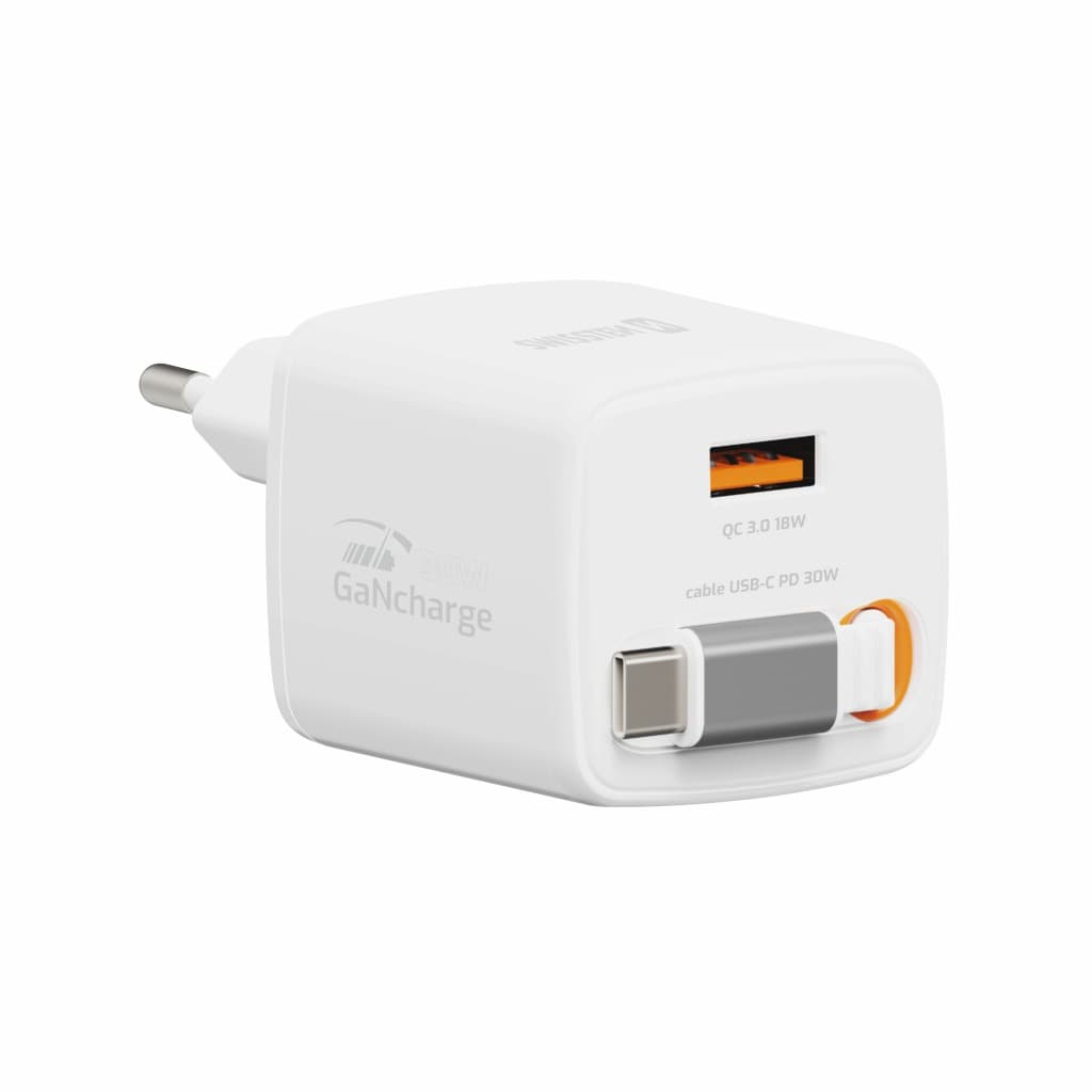 Adaptér Swissten Slidecharge Gan 30W, 1x USB-A 18W se zatahovacím USB-C kabelem 0.75 m bílý - náhled 2