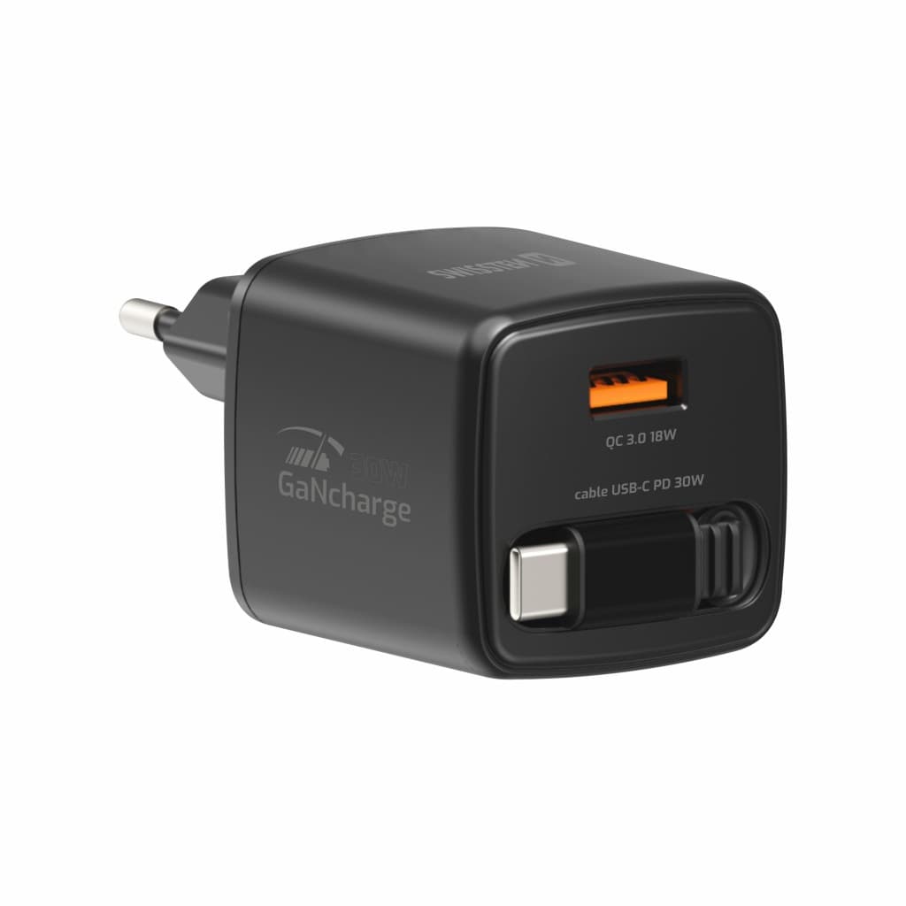 Adaptér Swissten Slidecharge Gan 30W, 1x USB-A 18W se zatahovacím USB-C kabelem 0.75 m černý - náhled 2
