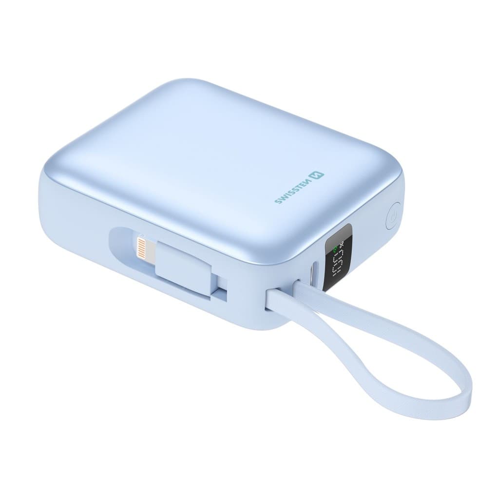 Powerbank Swissten Space 10000 mAh s integrovanými kabely usb-c a lightning modrá - náhled 2